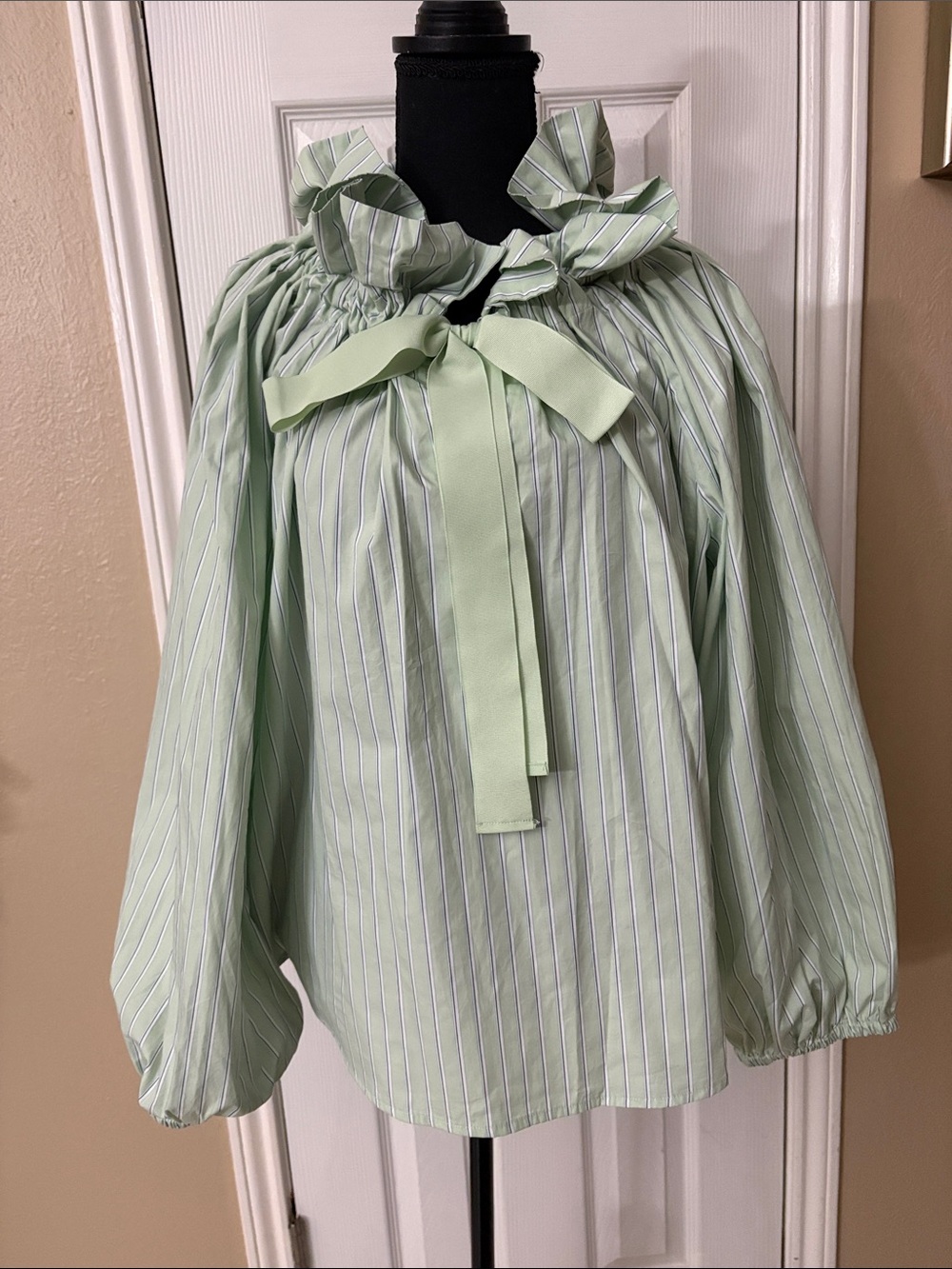 Light Green Striped Ruffle-Neck Bow Blouse